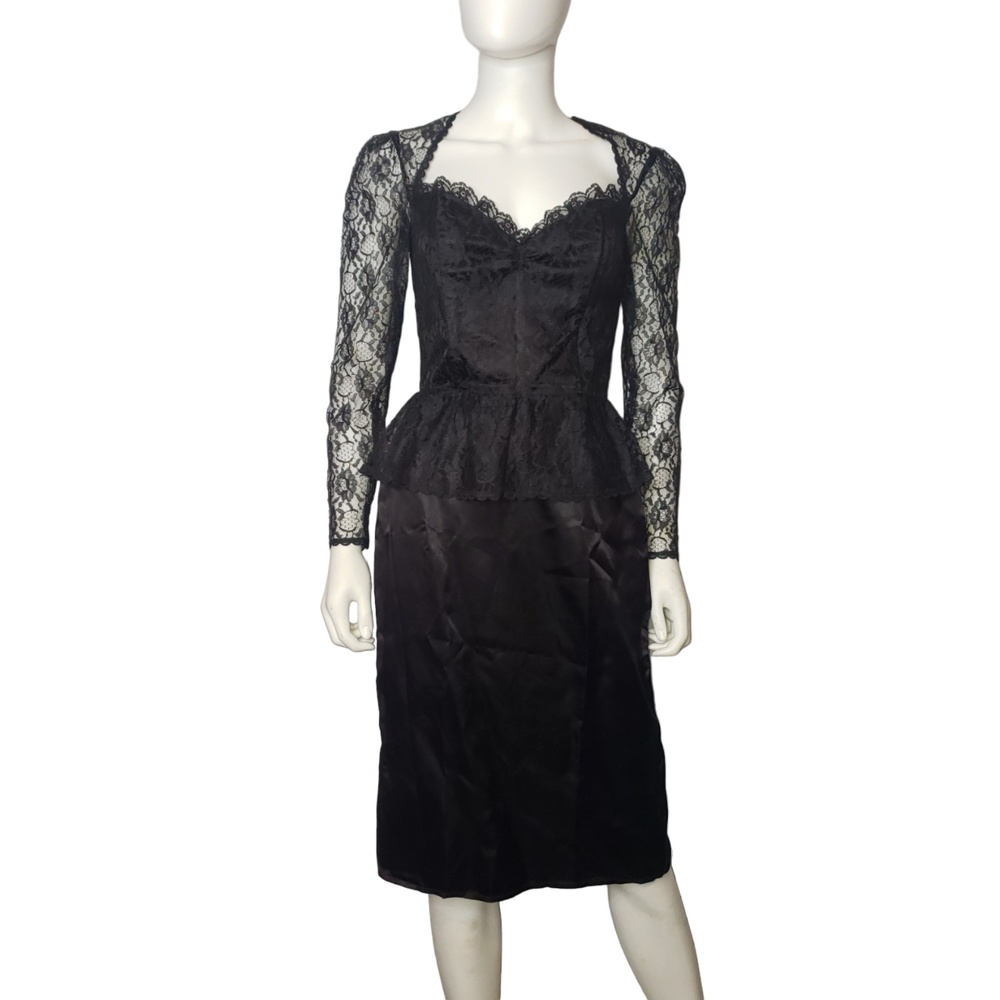 Vintage GUNNE SAX McClintock Black Lace Dress Peplum Wiggle Sweetheart Small